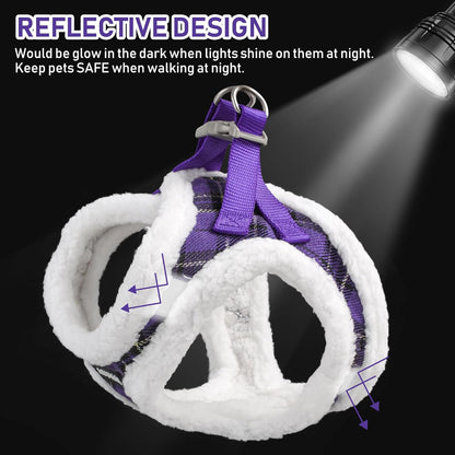 GAMUDA Small Dog Harness Collar and Leash Set, Step in No Chock No Pull Soft Mesh Adjustable Dog Vest Harnesses Plaid Reflective for Dogs Puppy Cats Kitten Rabbit (Warm Purple, L)