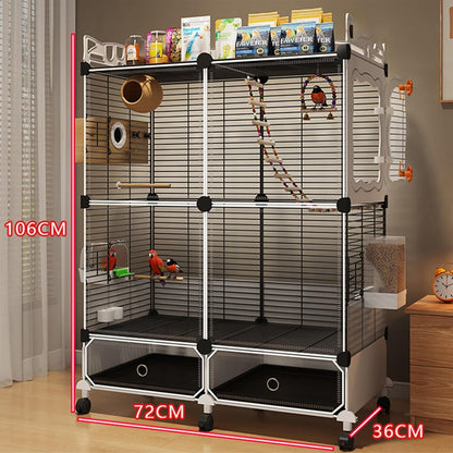 Large Parrot Cage with Acrylic Doors, 4 Casters, Perch & Feeder, Detachable Drawer, Ideal for Cockatiels, Budgies, Conures, Indoor/Outdoor Use – Spacious White Birdcage(Black,72 * 36 * 106)