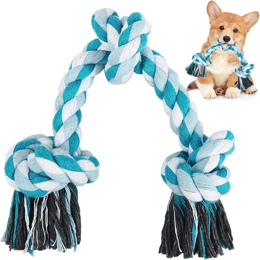 SZEE Dog Rope Toys, 14 in 3 Knots Chew Rope for Medium and Small Dogs, Natural Cotton Pull Toy for Tug of War and Teeth Cleaning (Blue)