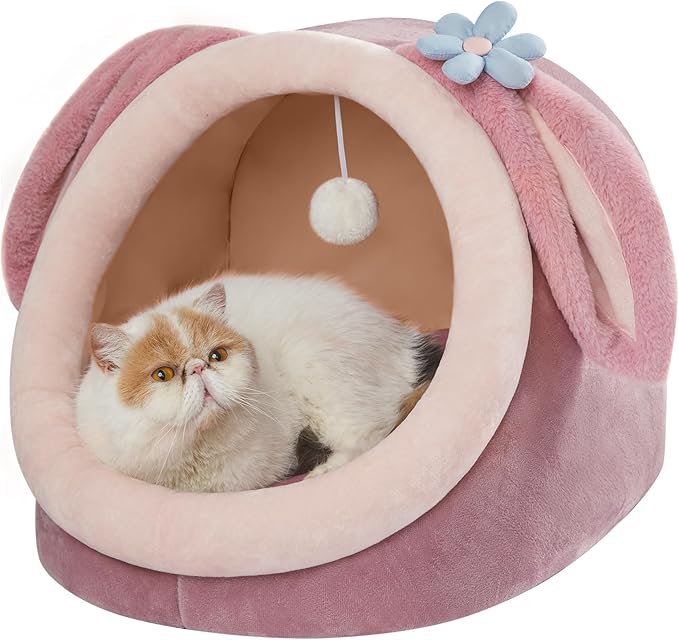 Jiupety Cute Cat Bed for Indoor Cats, Warm Soft Cave Fit for Many Cats and Puppy, Pink Rabbit, L