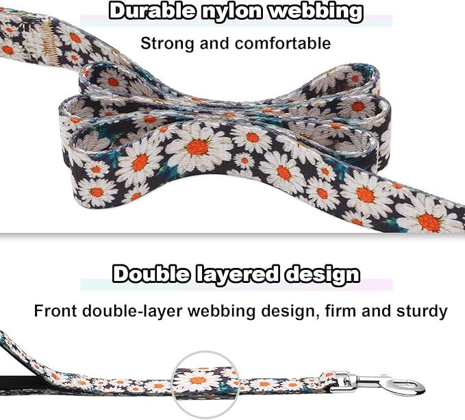 6ft Dog Leash with Two Padded Handles, Heavy Duty Strong Nylon Pet Leash with Soft Neoprene Handle for Small Medium Large Dogs, Daisy