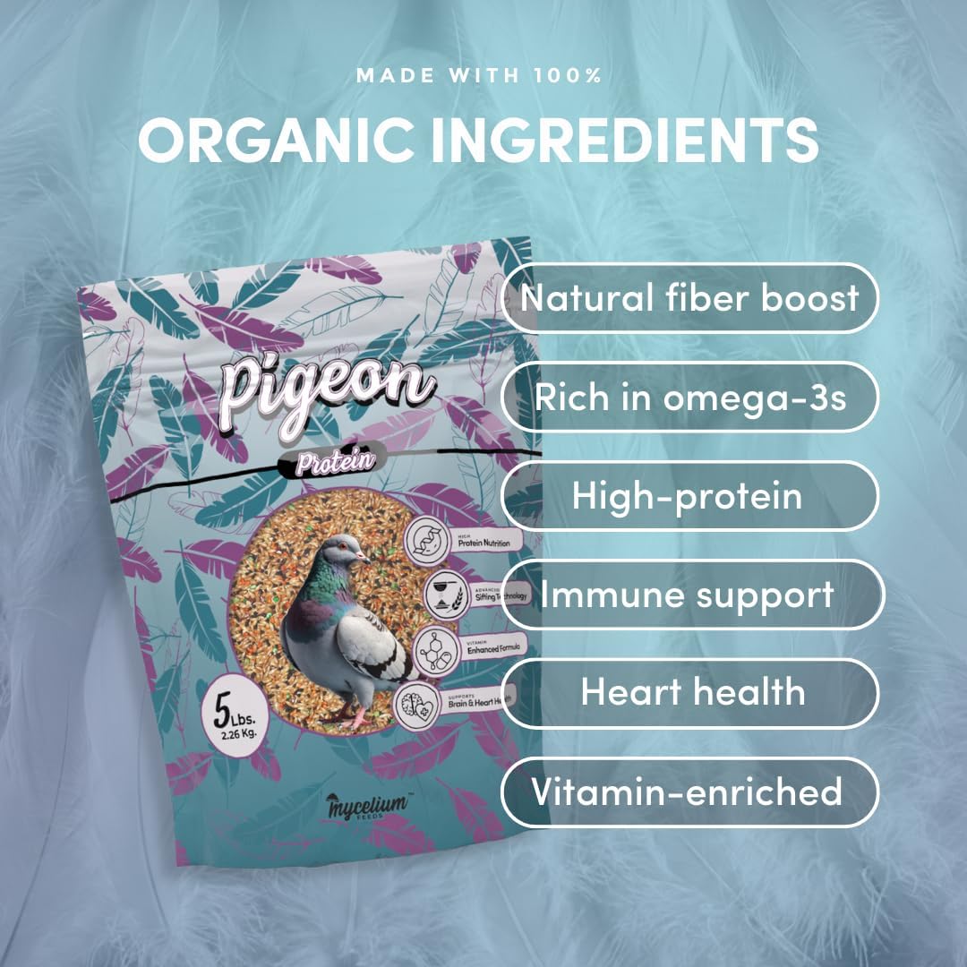 Mycelium High Protein Pigeon Food (5 LB Bag) | Organic Wild Bird Seed for Outside Feeders & Ground Feeding | Calcium Enriched Formula | Filler Free, Non-GMO, Made in USA