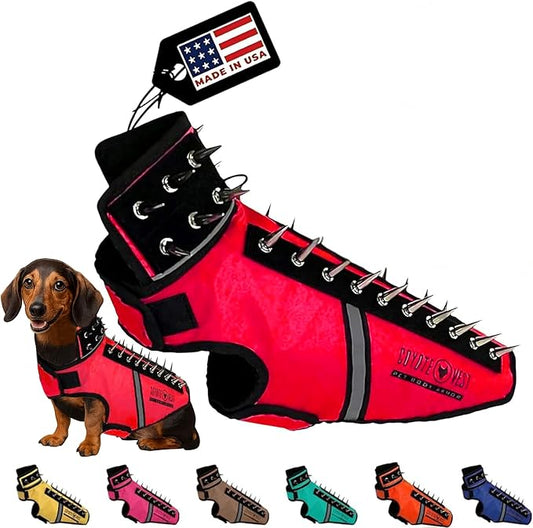 CoyoteVest SpikeVest Dog Harness Vest for Small Dogs, Reflective Dog Vest with Spikes to Shield Your pet from Coyotes, Raptor and Animal Attacks, Anti Hawk Vest, Made in USA (S-Red)
