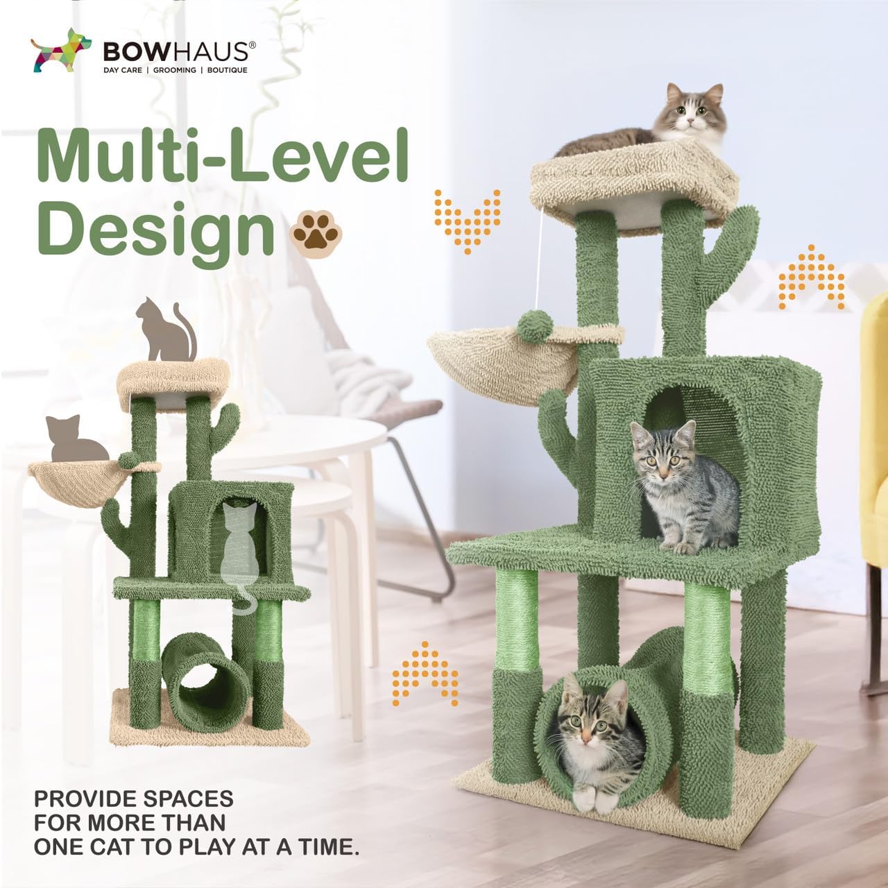 CAPHAUS Cactus Cat Tower for Indoor Cats, Cute 40-Inch Small Cactus Cat Tree w/Widened Perch for Large Cats & Kittens, Multi-Level Cat Activity Tree w/Scratching Post, Tunnel, Basket, Cat Cave Condo