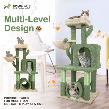 CAPHAUS Cactus Cat Tower for Indoor Cats, Cute 40-Inch Small Cactus Cat Tree w/Widened Perch for Large Cats & Kittens, Multi-Level Cat Activity Tree w/Scratching Post, Tunnel, Basket, Cat Cave Condo