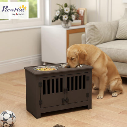 PawHut Large Elevated Dog Bowls with Storage Cabinet - 37L Capacity, Raised Dog Bowl Stand Feeding Station, Espresso