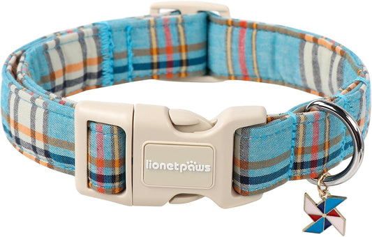Lionet Paws Boy Dog Collar- Cute Blue Plaid Dog Collars with Plastic Buckle, Light Adjustable Dog Collars for Small Medium Dogs