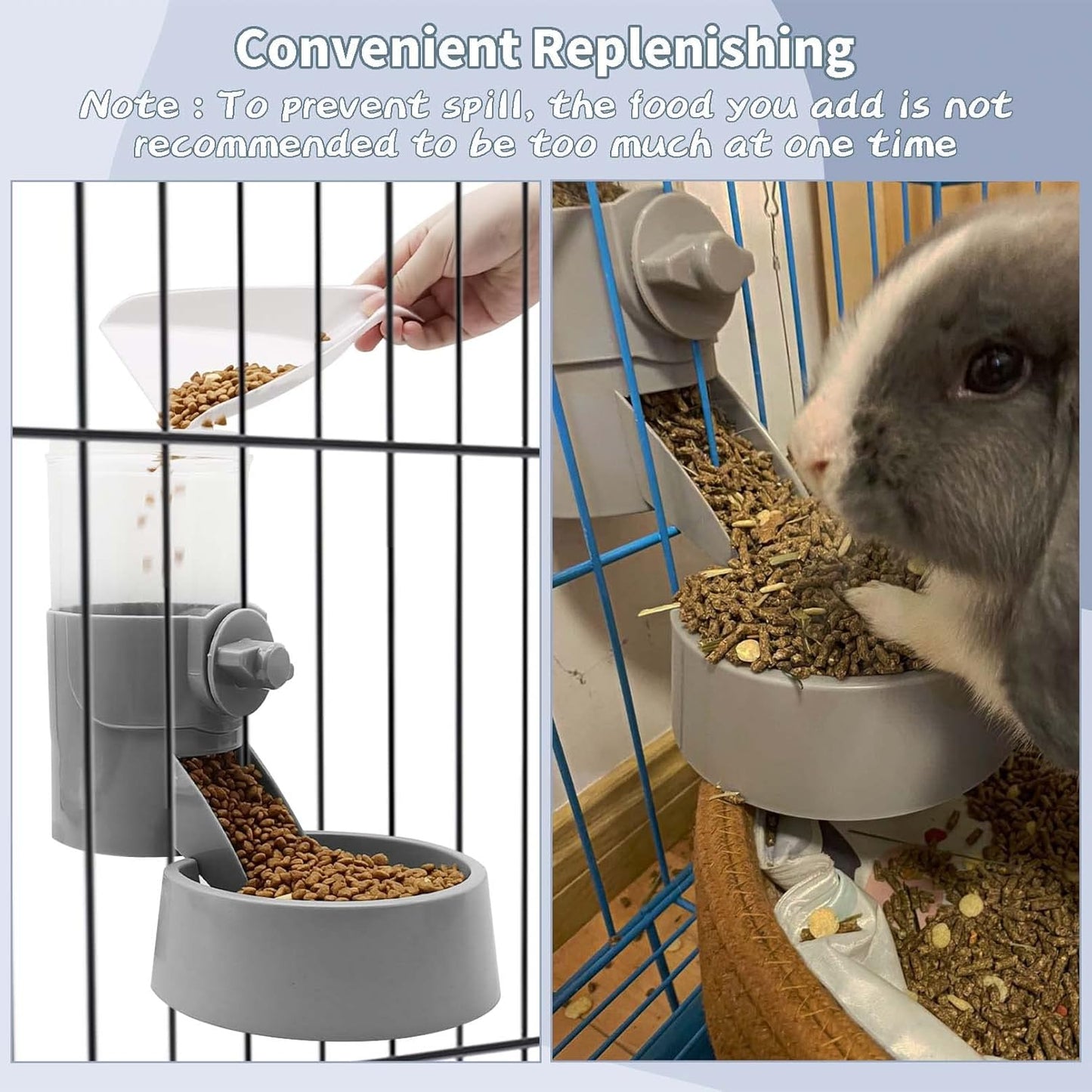 Tfwadmx Rabbit Hanging Auto Food Water Dispenser Pet Cage Suspended Food Water Bowl Chinchilla Gravity Detachable Feeder Waterer Set for Puppy Kitten Bunny Ferrets Guinea Pig (Gray)