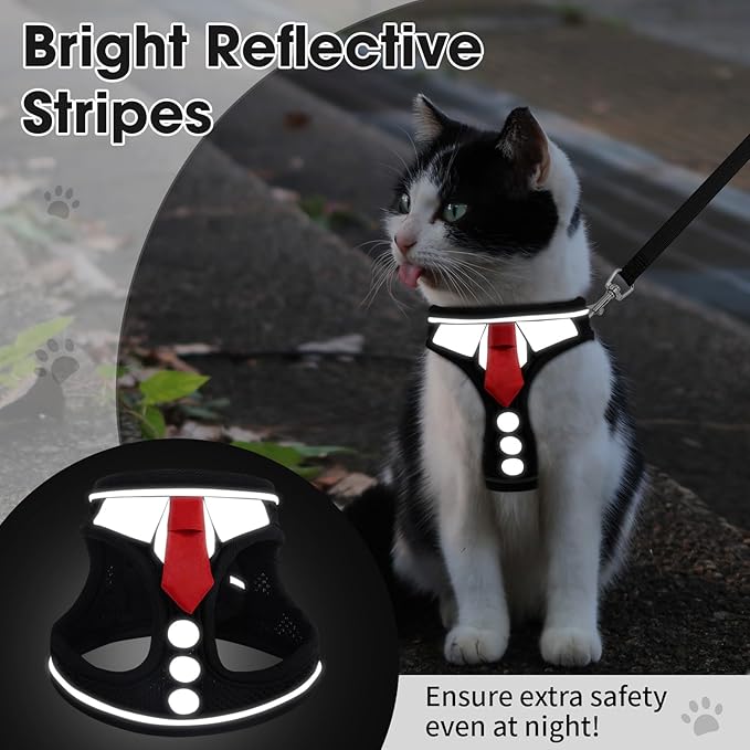 Cat Harness and Leash Set for Walking Escape Proof, Soft Adjustable Kitten Harness Breathable Mesh with Reflective Strips Harness for Kitty Puppy Bunny (Black, Large)