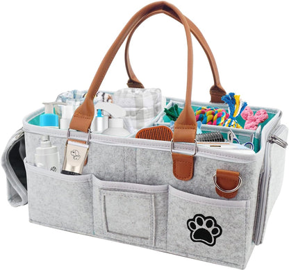 Felt Dog Grooming Bag,Portable Tote Bag for Dog and Cat,Puppy Storage Organizer for Grooming Tool Kit,3 Compartments Pet Stuff Oganizer with 8 Pockets