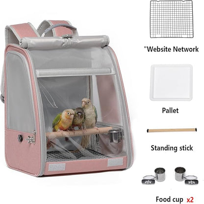 Bird Carrier Backpack, Portable Travel Bird Cage with Standing Perch, 2 Feeder Cups, Iron Mesh Stand & Removable Tray Lightweight, Breathable Mesh Window for Parrot Carrier，Easy Clean (Pink)