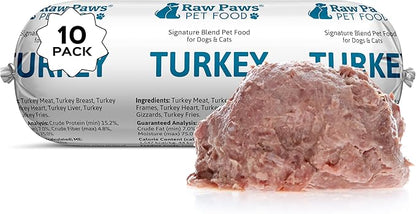 Raw Paws Signature Blend Pet Food for Dogs & Cats - Turkey Recipe, 1-lb Rolls (10 Pack) - Made in USA Frozen Turkey Roll Dog Food - Refrigerated Log Dog Food - Raw Frozen Food for Dogs