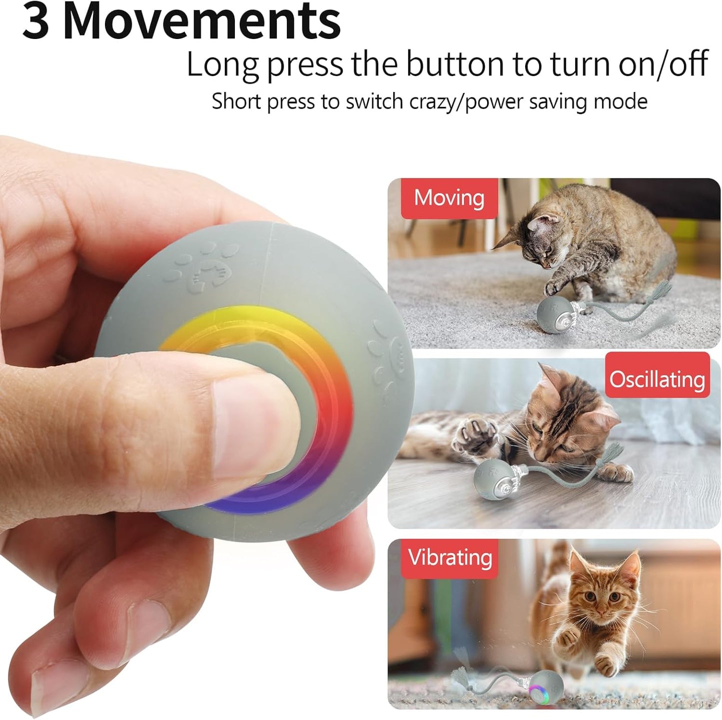 Interactive Cat Toys, Automatic Moving Cat Toy for Bored Indoor Adult Cats, Fast Rolling , Chirping & Motion-Activated Cat Toys, Fun Gift for Cats with Speedy Tail 2.0, USB Rechargeable(gray)