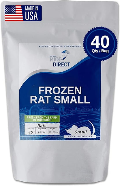 MiceDirect EST. 2003 40 Frozen Rat Small Feeders Snake Food for Adult Ball Pythons and Red Tail Boas Lizards Monitors (4.5-6 in)(1800 Grams Min)