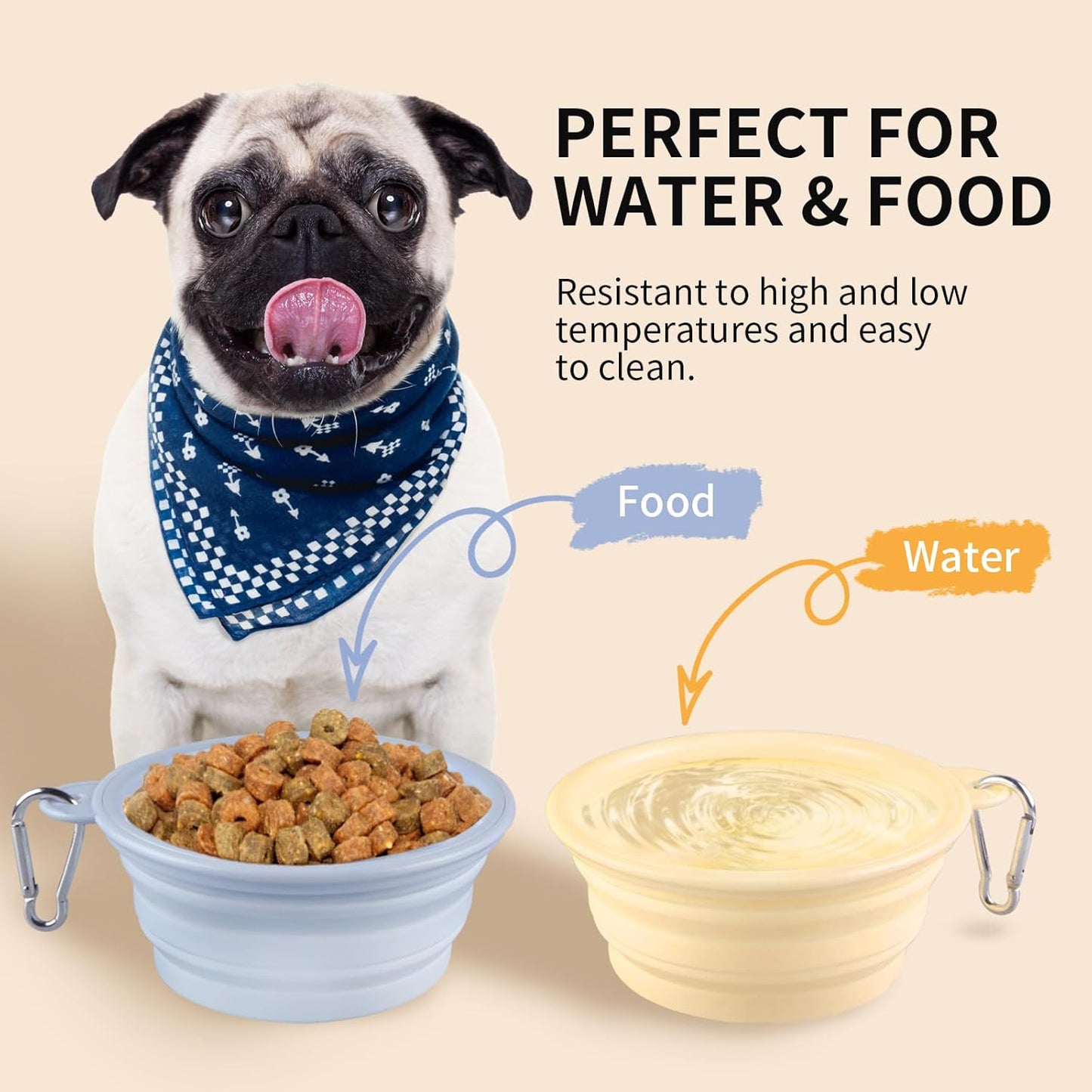 Collapsible Dog Bowls 2-Pack, Portable Travel Dog Bowl with Carabiner, Food-Grade Silicone Pet Bowl for Hiking, Walking(Macaron Blue and Yellow)