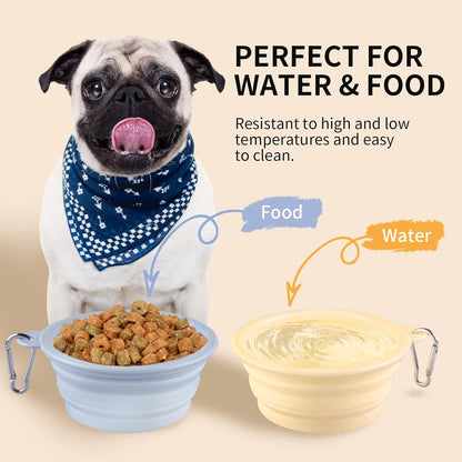 Collapsible Dog Bowls 2-Pack, Portable Travel Dog Bowl with Carabiner, Food-Grade Silicone Pet Bowl for Hiking, Walking(Macaron Blue and Yellow)