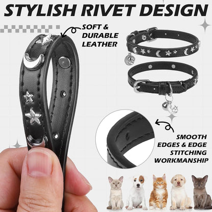 EXPAWLORER Halloween Leather Cat Collar - Adjustable Pet Collar with Rivet Spike for Girl Boy Cats, Punk Accessories with Bell & Durable D-Ring, Star & Moon