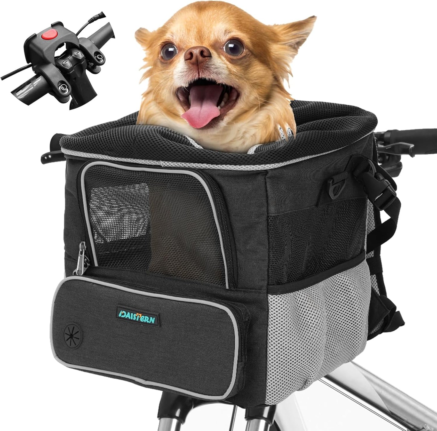 Dog Bike Basket for Small Dogs up to 10lbs, Foldable Pet Carrier with Safety Leash, Mesh Windows, Storage Pockets, Handlebar Quick Release, Backpack & Car Seat Function Grey