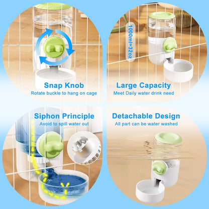 Auto Gravity Siphon Water Dispenser for Cage Hanging, 34OZ Capacity Hanging Automatic Pet Cage Waterer, Water Bowl for Cats Dogs Rabbit Ferret Chinchilla Bird Hedgehog Guinea Pig (Light Green)
