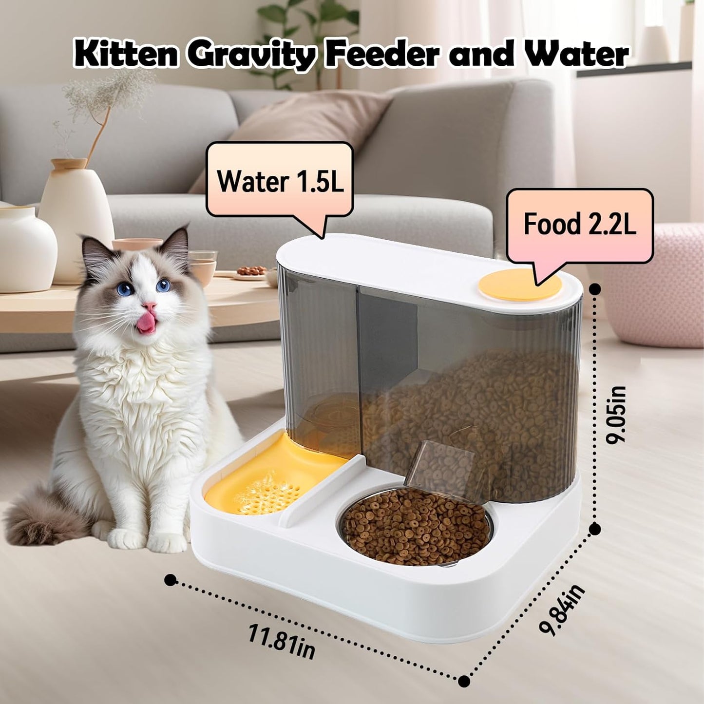 2 in 1 Automatic Cat Feeder and Water Dispenser Combo,All-in-One Dog Food and Water Dispenser Set with Stainless Steel Food Bowl Detachable Gravity Feeder for Cat Kitten Small Dog(Yellow)