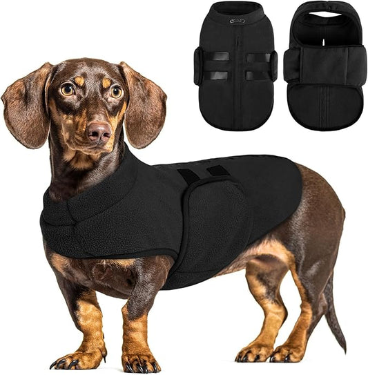 Queenmore Small Dog Warm Winter Jacket, Soft Fleece Vest Pullover with Leash Hole, Dachshund Cat Boy or Girl (Black, S)
