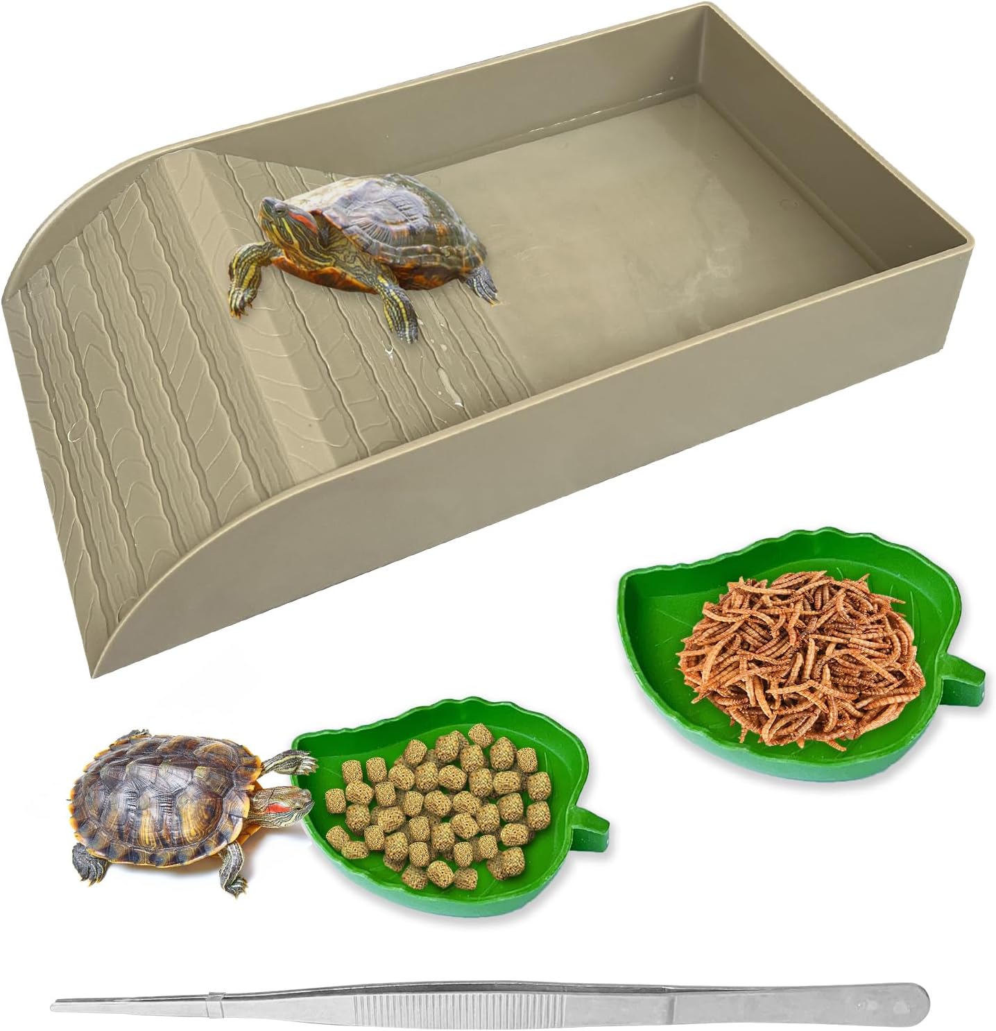 NGORAY Tortoise Feeding Dish with Ramp and Basking-Platform - Leaf Tortoise Water Food Bowls, Reptile Water Dish Amphibians Habitat, Reptile Water Bowl Fit for Amphibians with Forcep Cleaning Clip