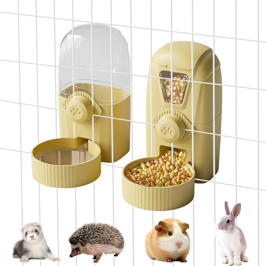 Rabbit Automatic Food Feeder and Water Dispenser Bunny Gravity Feeding Station Waterer Set Hanging Self-Dispensing Feeder for Ferret,Guinea Pigs Chinchillas Hedgehog (Yellow)