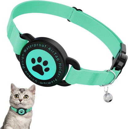 Airtag Cat Collar, Stretchy Kitten Collar with Apple Air Tag Holder, Lightweight and Comfortable, Ultra Elastic GPS Cat Collars for Cats Kittens and Puppies, 8-12.5 inch, Green