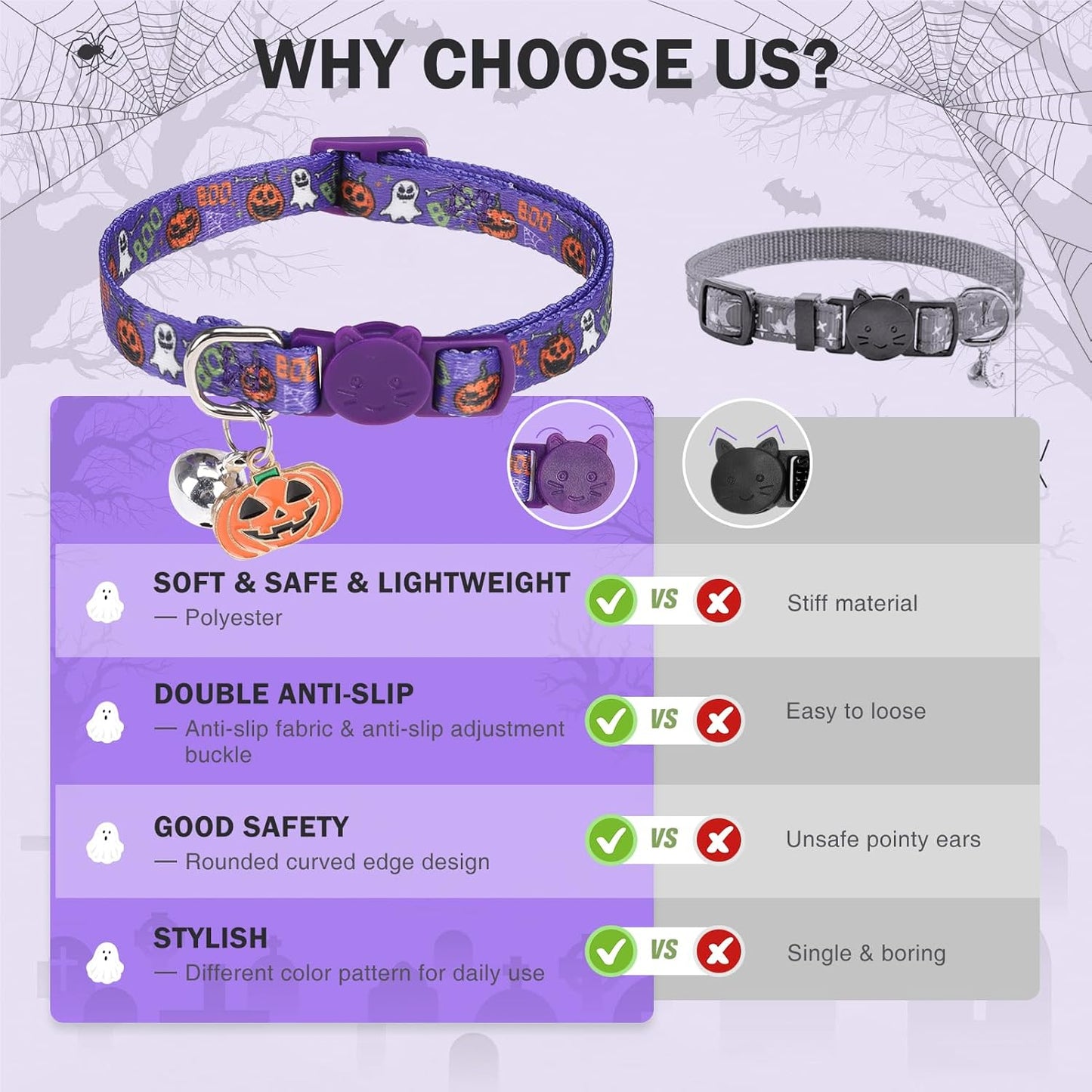 3 Pack Halloween Breakaway Cat Collars with Bell & Charm-Holiday Cat Collar for Girl Boy Cats with Safety Buckle- Cute Pumpkin Skull Kitten Collar Adjustable 8"-12" for Kitty Puppy Small Pets