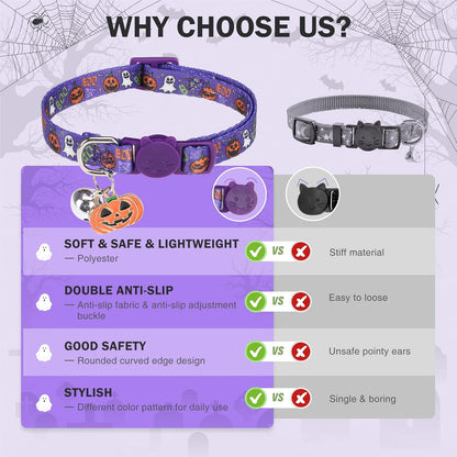 3 Pack Halloween Breakaway Cat Collars with Bell & Charm-Holiday Cat Collar for Girl Boy Cats with Safety Buckle- Cute Pumpkin Skull Kitten Collar Adjustable 8"-12" for Kitty Puppy Small Pets