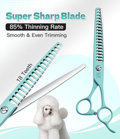 Fenice Peak 7" Professional Dog Grooming Scissors Set, Japanese 440C Stainless Steel Straight Thinning Curved Chunker Shears for Pet Grooming, Trimming Face, Paws, Green