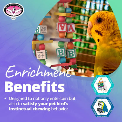 Super Bird Creations SB448 Katy's ABC Jr. Interactive Bird Toy - Durable Chew Toy, Non-Toxic Textured ABC Blocks, Safe 'Polly' Rope, Ideal for Parrots & Ringnecks - Medium Bird Size - 7" x 5" x 1.5"
