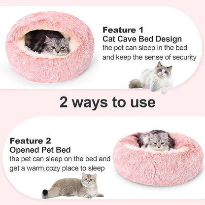 Calming Dog Beds & Cat Cave Bed with Hooded Cover,Removable Washable Round Beds for Small Medium Pets,Anti-Slip Faux Fur Fluffy Coved Bed for Improved Sleep,Fits up to 15/25 lbs(Bean Mush,S)