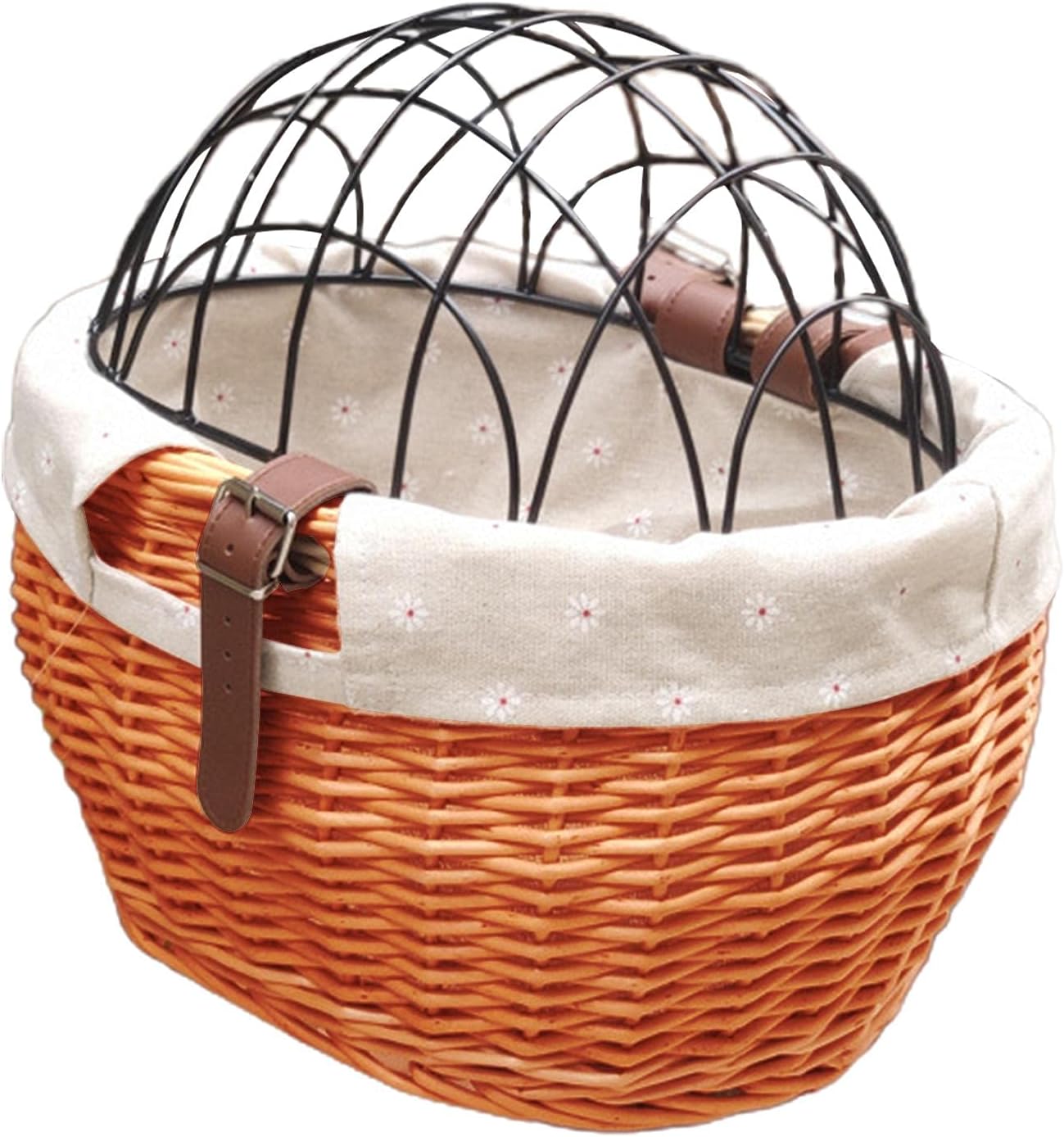 Wicker Bike Basket for Small Dogs Cats Pet Carrier Front Basket with Wire Mesh Cover (Honey Color)