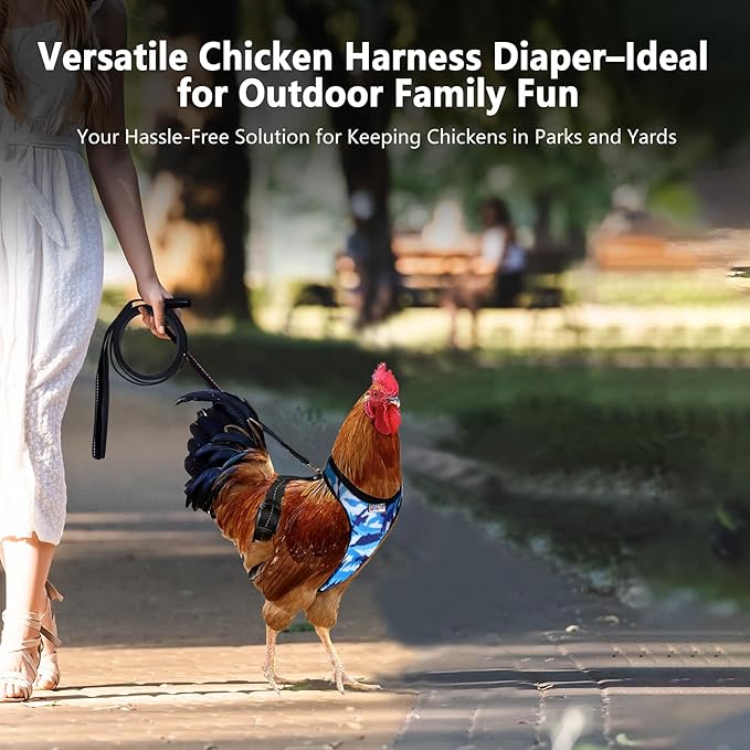 Premium Adjustable Chicken Harness with Camouflage Design & Comfortable Breathable Fabric - Includes Resilient 5.4ft Matching Leash for Secure Outing (Medium Camouflage Blue)