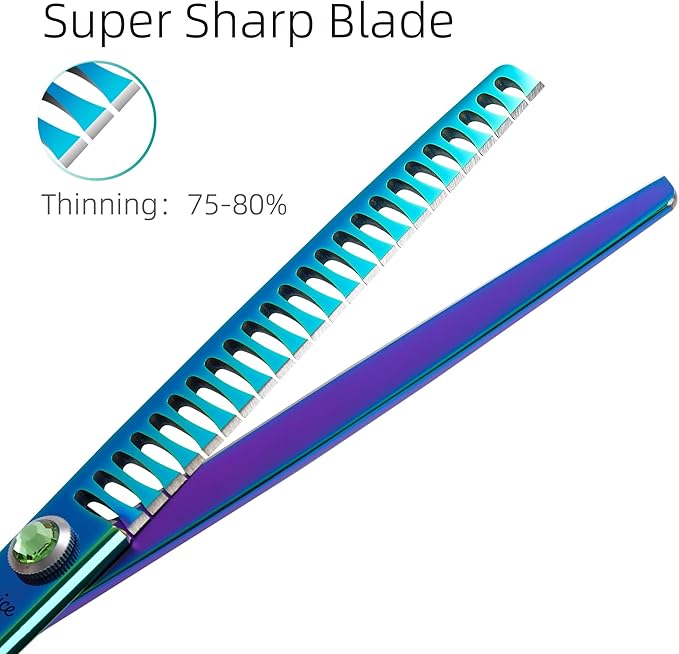 Fenice Peak 7.5'' Green Chunker Dog Grooming Scissors Pet Shears with Ergonomic Offest Handle and Simulated Emerald Screw 440C Grooming Scissors Trimming Shears Durable and Sharp