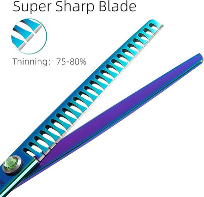 Fenice Peak 7.5'' Green Chunker Dog Grooming Scissors Pet Shears with Ergonomic Offest Handle and Simulated Emerald Screw 440C Grooming Scissors Trimming Shears Durable and Sharp