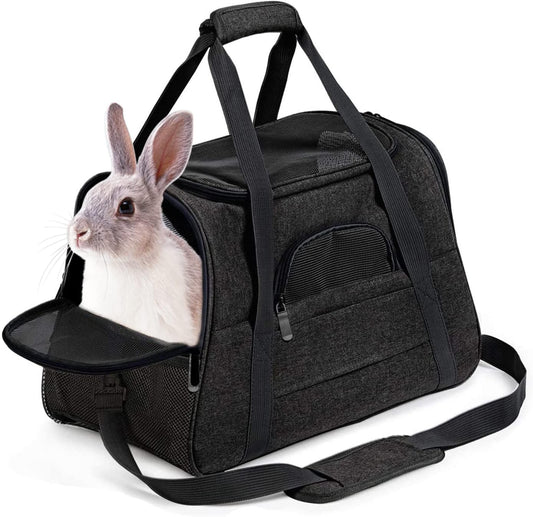 kathson Rabbit Travel Carrier Bag Airline Approved Pet Pocket Breathable Mesh Window Portable Hand Bag with Locking Safety Zippers for Small Dogs Cats Bunnies and Small Animals (Black)
