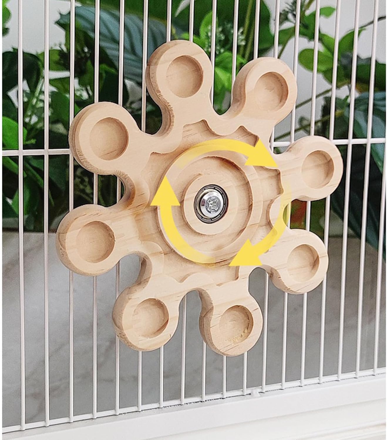 KABASI Rotating Natural Wood Chinchilla Chew Toys, Interactive Enrichment Rat Enrichment Toys for Teeth Grinding, Hanging Exercise Chinchilla Cage Accessories Snowflake Wheel for Hamster Guinea Pig