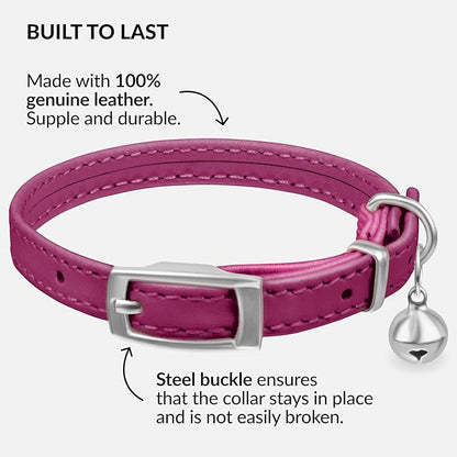 CollarDirect Leather Cat Collar with Bell - Kitten Collar, Small and Big Cat Strap for Boy Cats, Girl Cats with Safety Elastic Strap (Neck Fit 6"-7", Pink)