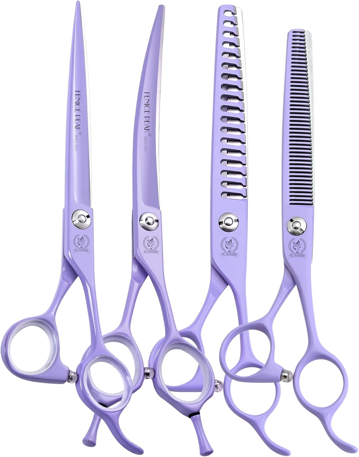 Fenice Peak 7" Professional Dog Grooming Scissors Set, Japanese 440C Stainless Steel Straight Thinning Curved Chunker Shears for Pet Grooming, Trimming Face, Paws, Violet
