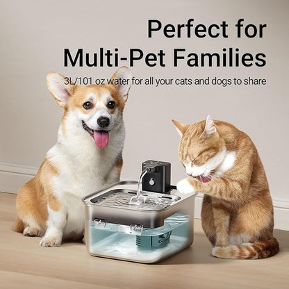 DownyPaws Cat Water Fountain Stainless Steel Wireless, 101 oz/3L FurSink Cordless Cat Water Dispenser for Pets, Battery Operated Dog Drinking Fountain with Motion Sensor, Metal with 6 Filters