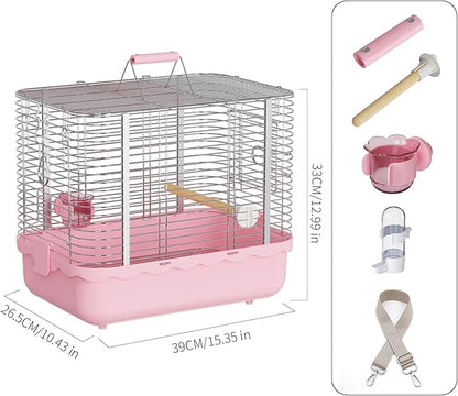 Bird Carrier Travel Cage, Durable Portable Stainless Steel Birdcage with Bird Perch & Feeding Bowl for Parrots Canaries Budgies Lovebirds Conures Cockatiels (Large Pink)