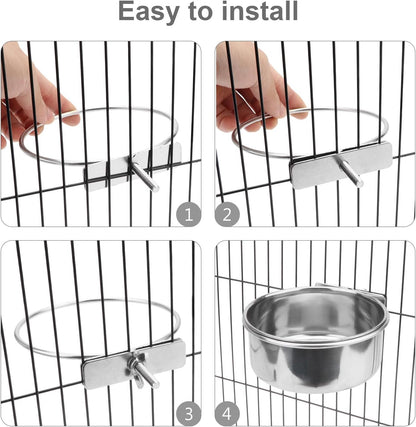Pet Food Water Bowl with Clamp Holder Stainless Steel Coop Cup Hanging Feeder for Dog Bird Parrot Cat Rabbit (XL)