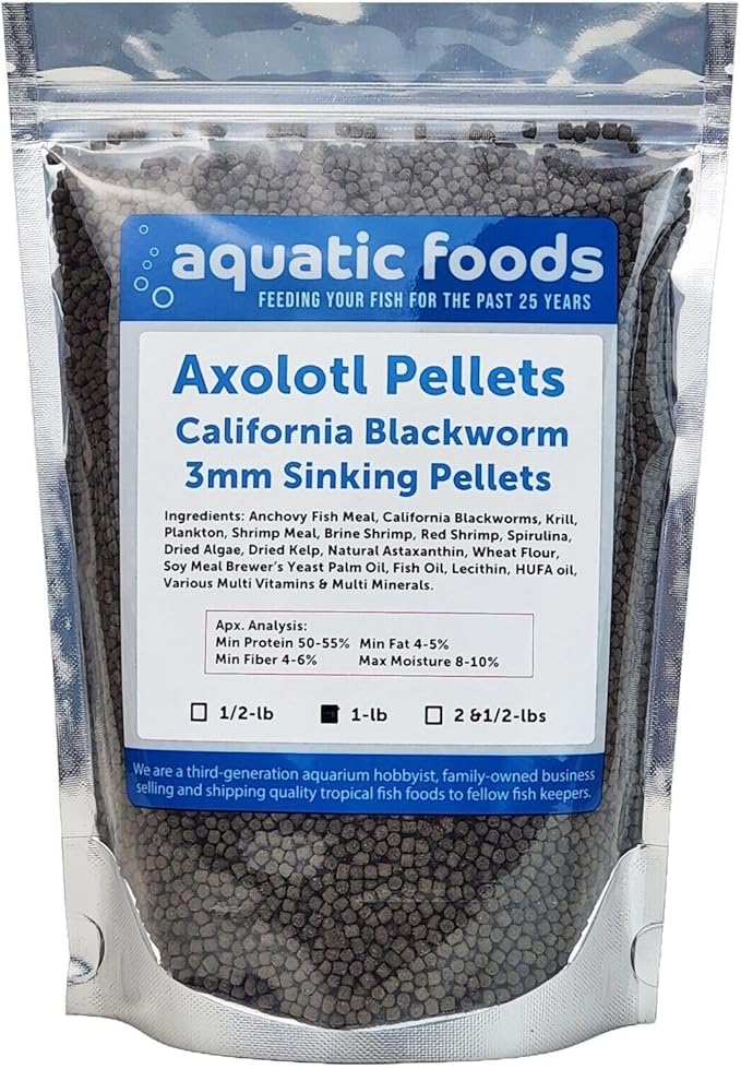 Aquatic Foods Inc. Axolotl Blackworm Pellets. 3mm-1/8 Sinking California Blackworm Medium Pellets for Medium/Large Axolotl, Frogs, Shrimp, Salamanders, Newts, Snails…1-lb Pouch Bag