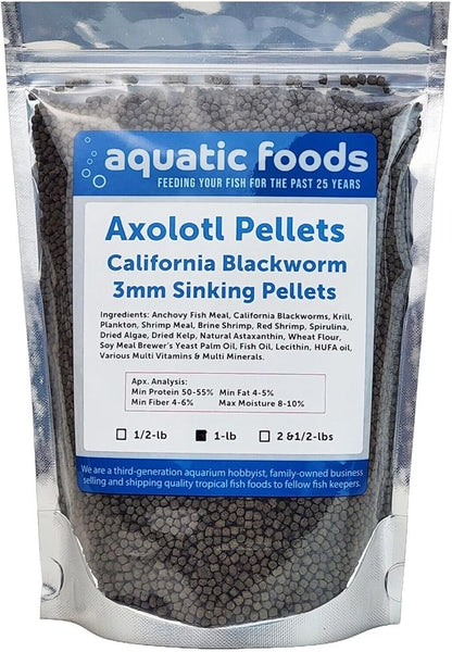 Aquatic Foods Inc. Axolotl Blackworm Pellets. 3mm-1/8 Sinking California Blackworm Medium Pellets for Medium/Large Axolotl, Frogs, Shrimp, Salamanders, Newts, Snails…1-lb Pouch Bag