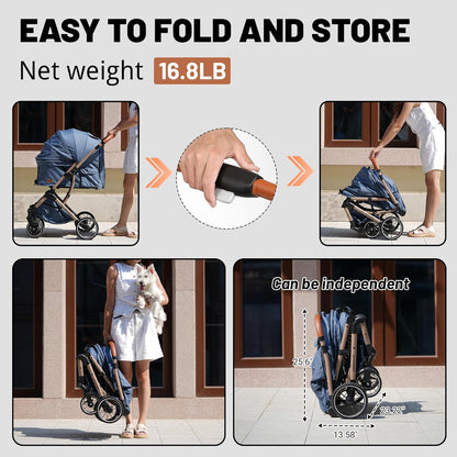 EchoSmile Small Medium Dogs Stroller 4-Wheel Pet Strollers for Medium Dogs Up to 50lbs, One Click Folding Large Cat Stroller, Reversible Handle, Shock Absorbing Wheels, Removable Washable Pad, Blue