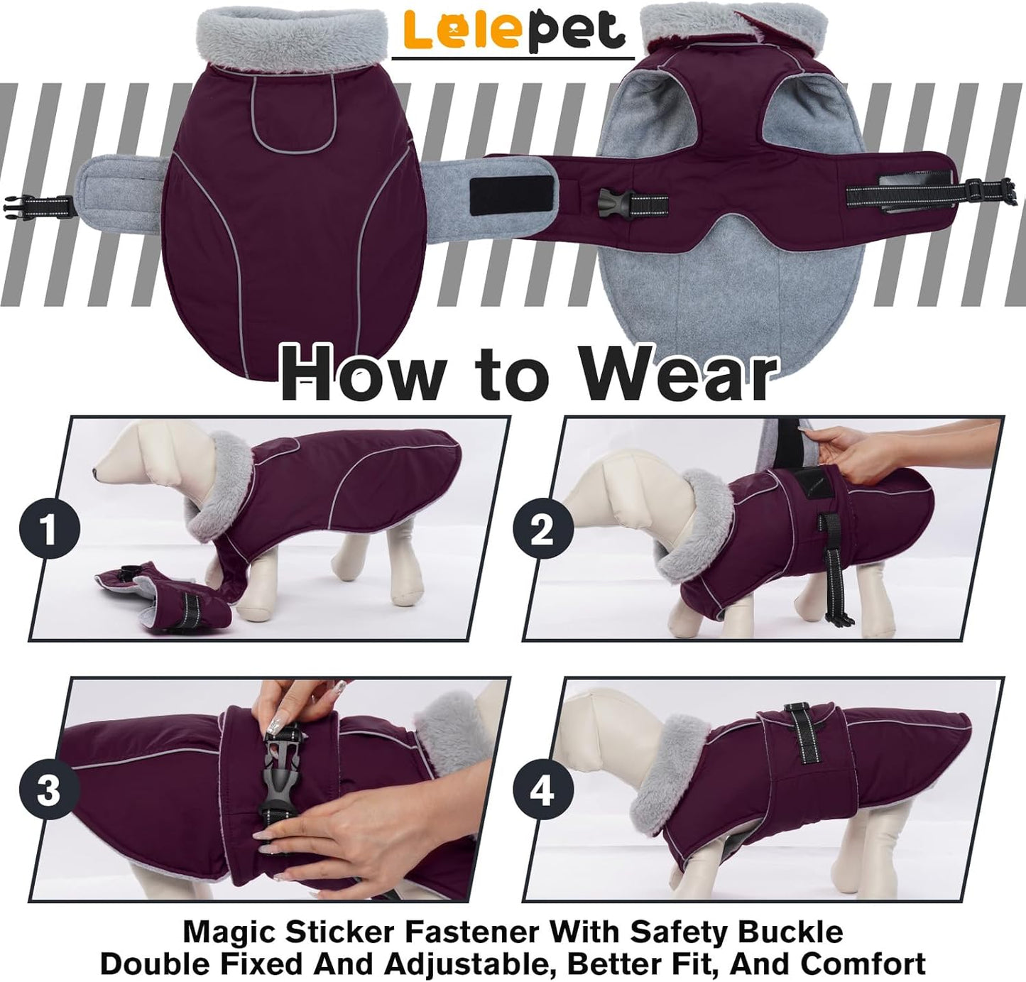 Lelepet Warm Dog Coat Waterproof Dog Jacket for Medium Dogs Reflective Fleece Vest with Adjustable Buckle Hook & Loop Windproof Cold Weather Coats for Small Medium Large Dogs, Dark Purple, M