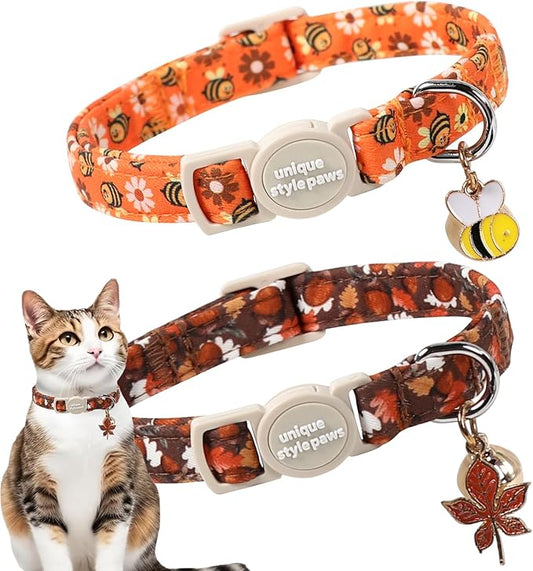 Unique style paws 2 Pack Autumn Halloween Kitten Collar Breakaway with Bell&Pendant, Adjustable Safety Bee Daisy Maple Leaf Cat Cotton Collar for Girl Boy Cat and Small Pet