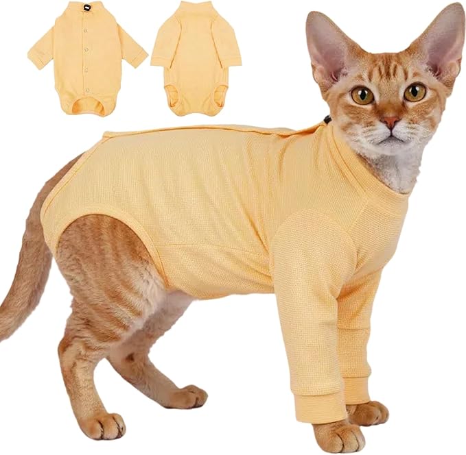 T'CHAQUE Cat Surgery Recovery Suit, Anti-Licking Onesie for Post-Spay/Neuter Abdominal Wound, Cat Recovery Suit with Adjustable Drawstring Collar - Long Sleeve Kitten Surgical Onesie, Orange, S
